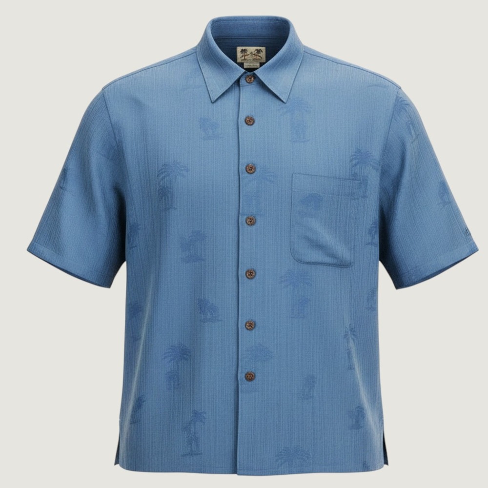 Reyn Spooner Button Up Shirt Mens XL Blue Regency Luxury MicroFiber Palm Tree